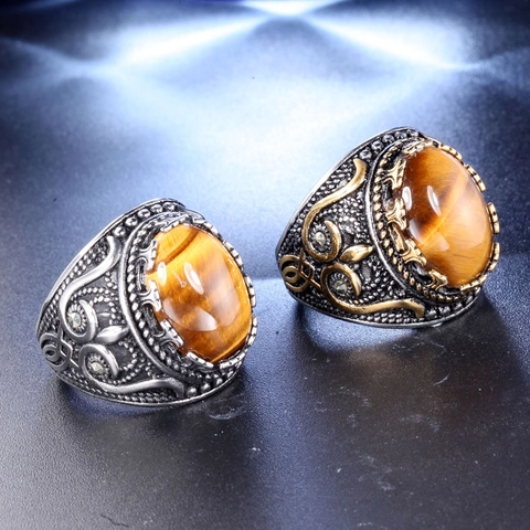 Anillo de Hombre Vintage de Acero Inoxidable con Ojo de Tigre Estilo Retro Punk Anillo de Sello con Gema Ovalada Regalo