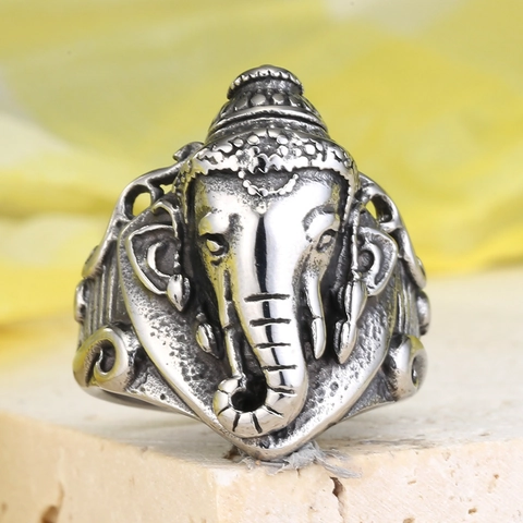 Anillo de Acero Inoxidable Ganesha Dios Elefante para Hombre Estilo Plata Tailandesa Retro Religioso Animal Sello Punk Joyería