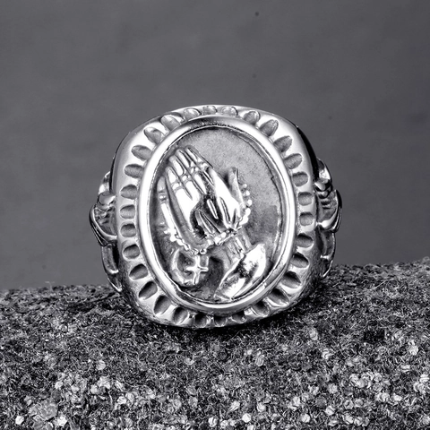 Anello in Acciaio Inossidabile Mani in Preghiera per Uomo Donna Gotico Punk Retro Religioso Croce Ali Rilievo Gioielli