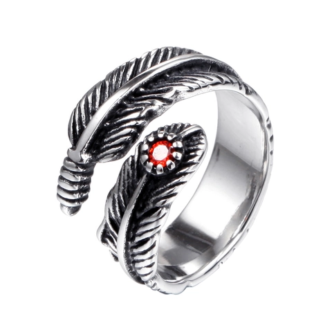 Vintage Stainless Steel Feather Open Ring For Men Women Adjustable Rhinestone Geometric Wing Finger Band Jewelry Gift