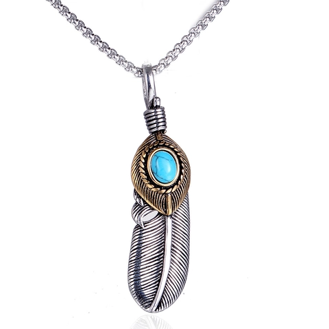 Collar de Colgante de Pluma de Acero Inoxidable Vintage Estilo Nativo Americano con Turquesa Incrustada Joyería Retro