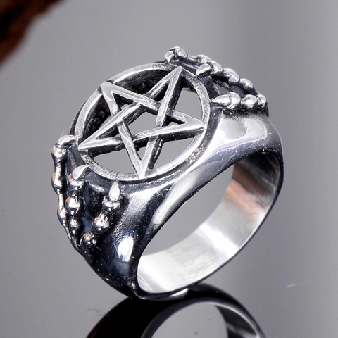 Retro Punk Stainless Steel Pentagram Claw Ring For Men Gothic Rock Hollow Star Band Ring Vintage Silver Black Jewelry Gift