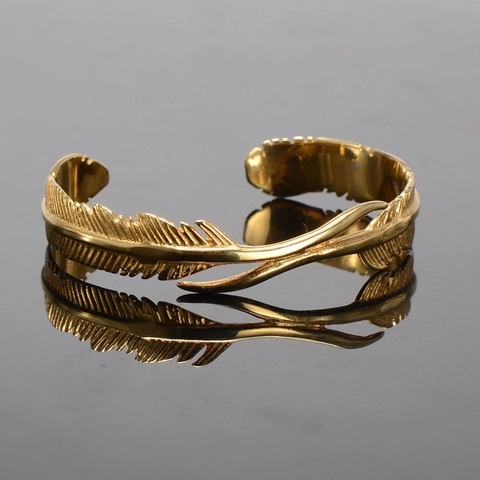 Retro Stainless Steel Feather Cuff Bracelet For Men Women Gold Plated Open Adjustable Bangle Fashion Jewelry Gift