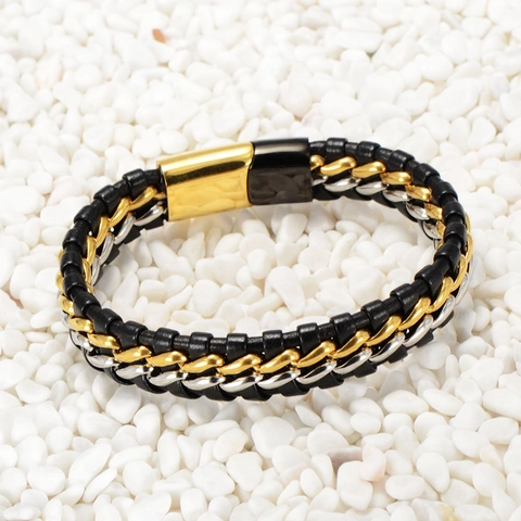 Herren Punk Armband aus Geflochtenem Kunstleder und Edelstahl Gold Silber Kette Mehrlagiges Armband Magnetverschluss