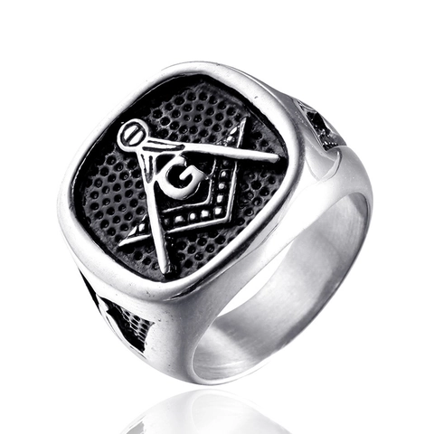 Anillo de Sello Vintage de Acero Inoxidable para Hombre Símbolo Masónico Escuadra Compás Pulido Joyería Retro Punk