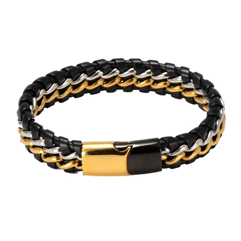 Herren Punk Armband aus Geflochtenem Kunstleder und Edelstahl Gold Silber Kette Mehrlagiges Armband Magnetverschluss