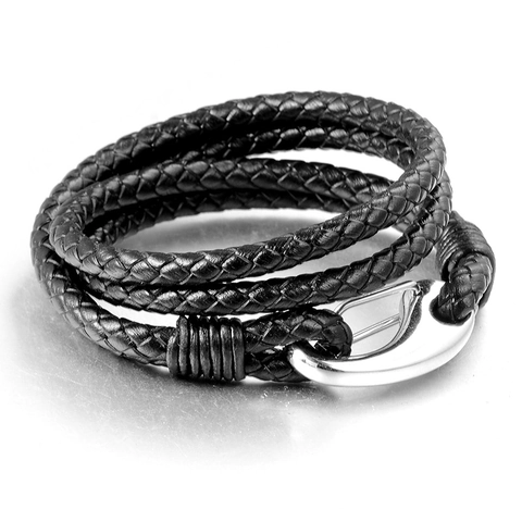 Men's Vintage Multi-layer Braided Leather Bracelet With Stainless Steel Fishhook Clasp Casual Industrial Style Jewelry Gift