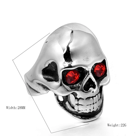 Vintage Punk Gothic Stainless Steel Skull Ring For Men Red Rhinestone Eyes Heavy Metal Rock Biker Finger Ring Jewelry