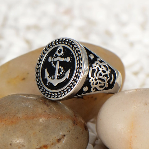 Men Vintage Stainless Steel Anchor Signet Ring Nautical Sailing Style Embossed Pattern Finger Ring Nautical Jewelry For Men