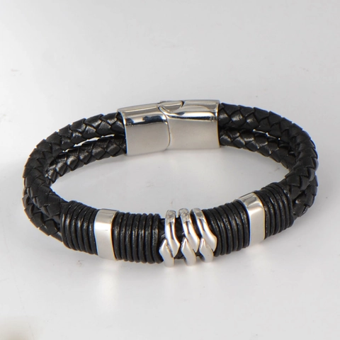 Bracciale in Pelle Intrecciata da Uomo Con Chiusura Magnetica in Acciaio Inossidabile Gioielli da Mano Casual Moda Regalo