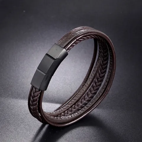 Herren Mehrlagiges Geflochtenes Lederarmband Mit Mattschwarzem Edelstahl Magnetverschluss Vintage Punk Stil Handschmuck