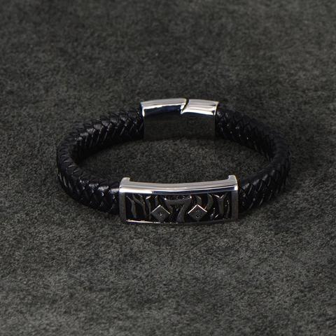 Men Vintage Woven Leather Bracelet Stainless Steel Geometric Metal Plate Magnetic Clasp Punk Rock Jewelry Gift For Men