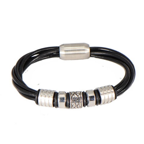 Pulsera de Cuero Tejido Multicapa Vintage para Hombre con Cuentas de Acero Inoxidable y Cierre Magnético Retro