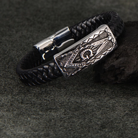 Men's Masonic Stainless Steel Leather Braided Bracelet Black Silver Color Vintage Bangle Magnetic Clasp Fashion Jewelry