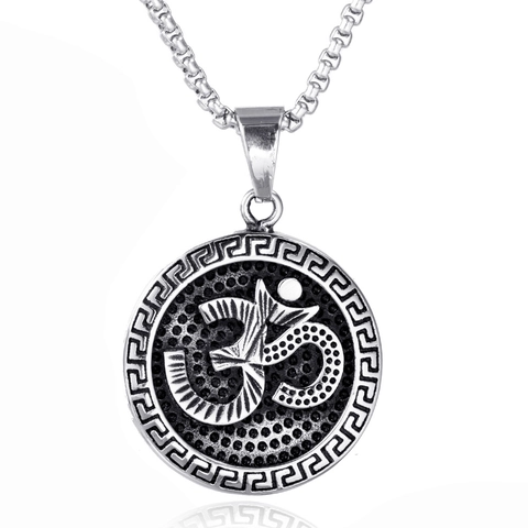Vintage Stainless Steel Om Symbol Pendant Necklace With Greek Meander Pattern Religious Ethnic Style Jewelry For Men Women