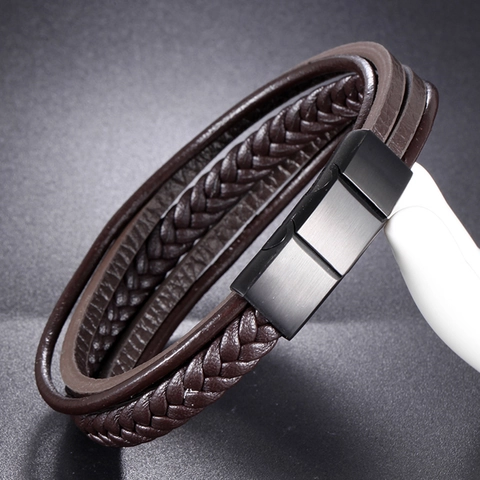 Herren Mehrlagiges Geflochtenes Lederarmband Mit Mattschwarzem Edelstahl Magnetverschluss Vintage Punk Stil Handschmuck