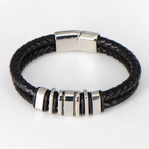 Bracciale da Uomo in Pelle Intrecciata e Acciaio Inossidabile Con Chiusura Magnetica Gioielli da Mano in Stile Punk Geometrico