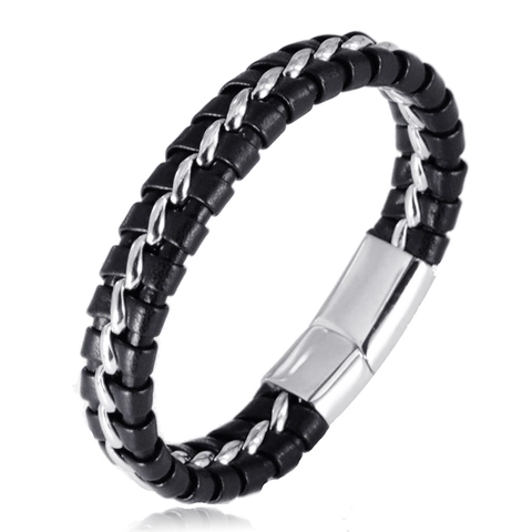 Bracelet Tressé en Acier Inoxydable pour Homme Noir Argent Punk Casual Bijoux de Mode Fermoir en Acier Cadeau Pour Lui