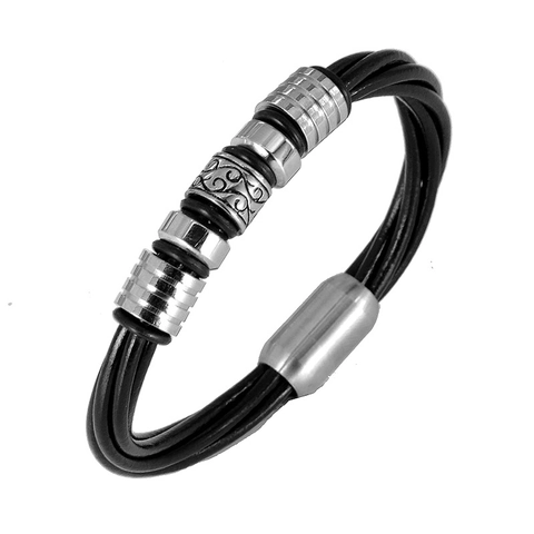 Pulsera de Cuero Tejido Multicapa Vintage para Hombre con Cuentas de Acero Inoxidable y Cierre Magnético Retro
