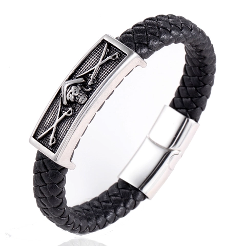 Punk Gevlochten Leren Armband Voor Heren Met Titanium Staal Schedel Piratenplaat Magneetsluiting Vintage Rock Biker Sieraden