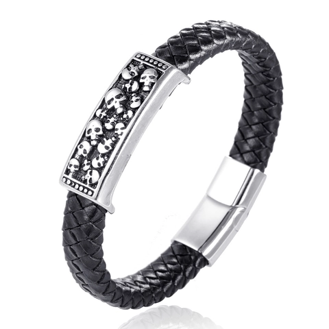 Men Vintage Punk Stainless Steel Braided Artificial Leather Bracelet Multiple Skull Charm Magnetic Clasp Biker Rock Jewelry