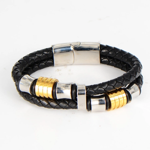 Pulsera de Cuero Trenzado para Hombre Con Cierre Magnético de Acero Inoxidable Multicapa Estilo Punk Cuentas de Metal Joyería Regalo