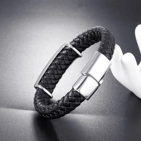 Punk Gevlochten Leren Armband Voor Heren Met Titanium Staal Schedel Piratenplaat Magneetsluiting Vintage Rock Biker Sieraden