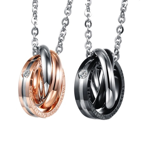 Roestvrijstalen Drievoudige Ring Hanger Halsketting Gegraveerde Romantische Zin Voor Koppels Strass Ingelegde Sieraden