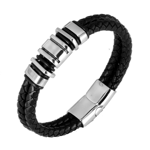 Bracciale da Uomo in Pelle Intrecciata e Acciaio Inossidabile Con Chiusura Magnetica Gioielli da Mano in Stile Punk Geometrico