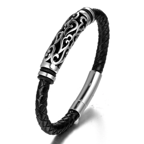 Men's Woven Leather Stainless Steel Bracelet Punk Hollow Pattern Magnetic Clasp Biker Wristband Fashion Jewelry Gift
