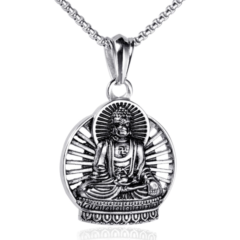 Pendentif Bouddha en Acier Inoxydable Seul Sans Chaîne Symbole Religieux Sculpture Shakyamuni Lotus Bijoux Homme Femme
