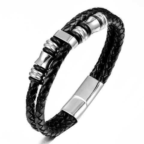 Bracciale da Uomo Vintage in Pelle Intrecciata a Doppio Filo con Chiusura Magnetica in Acciaio Inossidabile Gioielli Urban Casual