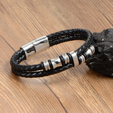Bracciale da Uomo Vintage in Pelle Intrecciata a Doppio Filo con Chiusura Magnetica in Acciaio Inossidabile Gioielli Urban Casual