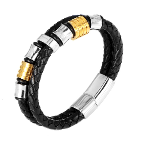 Pulsera de Cuero Trenzado para Hombre Con Cierre Magnético de Acero Inoxidable Multicapa Estilo Punk Cuentas de Metal Joyería Regalo