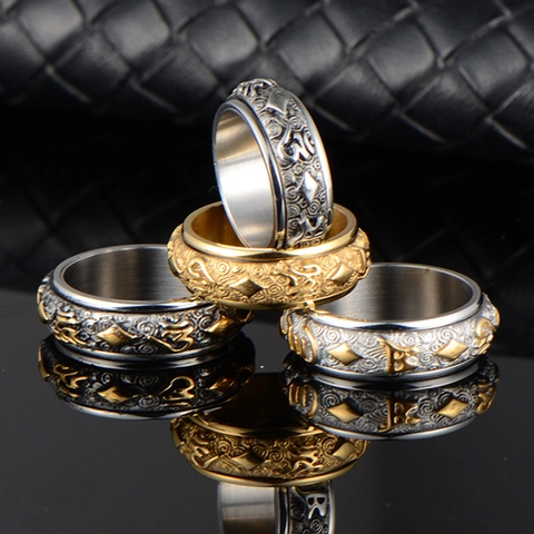 Anillo Giratorio con Mantra de Seis Caracteres de Acero Inoxidable Retro para Hombre Relieve Religioso Alivio del Estrés Anillo Spinner Joyería Étnica Regalo
