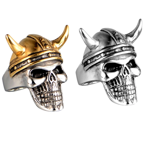 Vintage Viking Skull Ring For Men Stainless Steel Horned Helmet Gothic Punk Biker Jewelry Retro Cast Band Ring