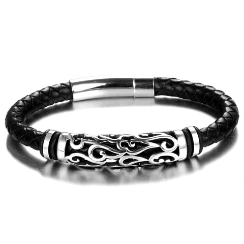Men's Woven Leather Stainless Steel Bracelet Punk Hollow Pattern Magnetic Clasp Biker Wristband Fashion Jewelry Gift