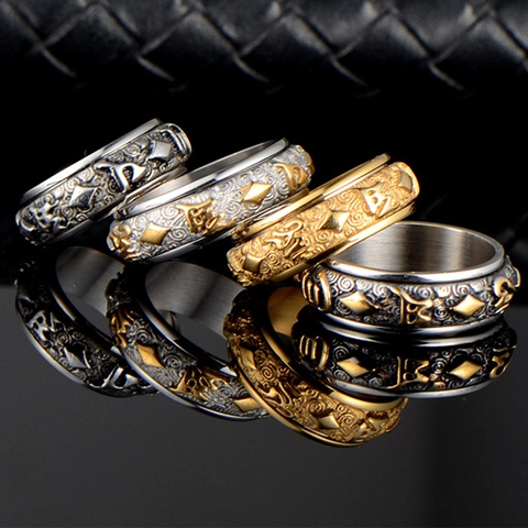 Anillo Giratorio con Mantra de Seis Caracteres de Acero Inoxidable Retro para Hombre Relieve Religioso Alivio del Estrés Anillo Spinner Joyería Étnica Regalo