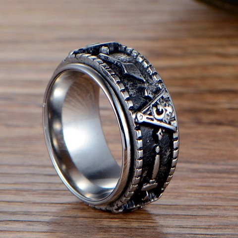 Vintage Rotatable Masonic Stainless Steel Ring For Men Retro Distressed Square Compass Letter G Punk Spinner Finger Ring