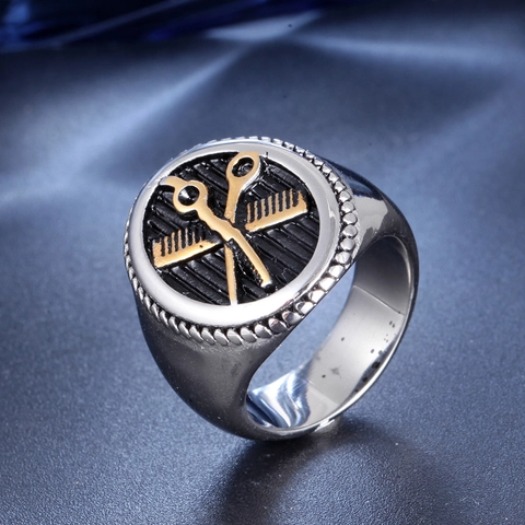 Men Stainless Steel Scissors Comb Barber Ring Vintage Gold Silver Two-Tone Punk Style Professional Hair Stylist Band Ring Jewelry