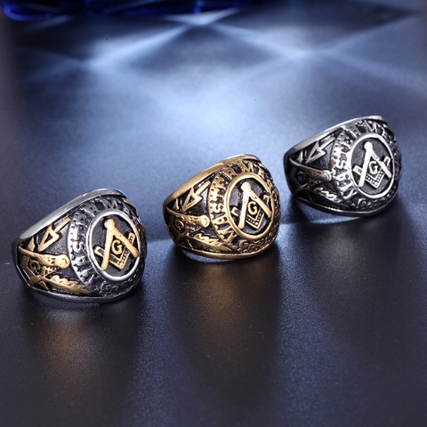 Bague de Franc-Maçonnerie en Acier Inoxydable Vintage pour Hommes Bague Chevalière Master Mason Symbole G Bijoux Punk Or Argent