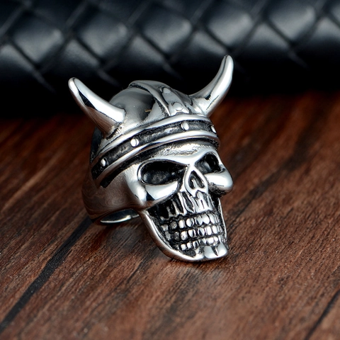 Vintage Viking Skull Ring For Men Stainless Steel Horned Helmet Gothic Punk Biker Jewelry Retro Cast Band Ring