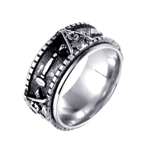 Vintage Rotatable Masonic Stainless Steel Ring For Men Retro Distressed Square Compass Letter G Punk Spinner Finger Ring