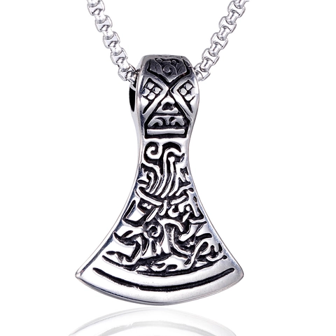 Vintage Stainless Steel Viking Axe Pendant Nordic Runes Punk Rock Thor Hammer Necklace Pendant Only For Men Jewelry