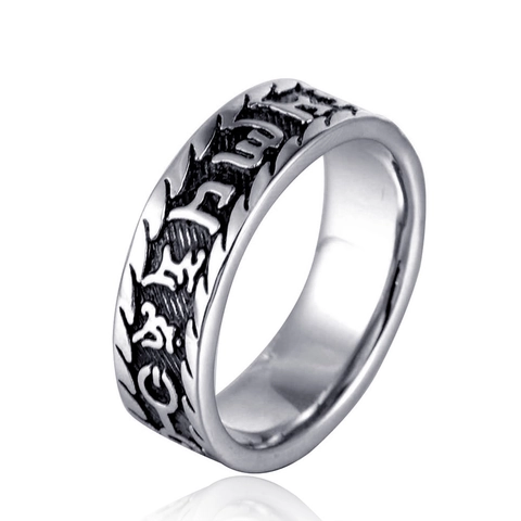 Vintage Men Titanium Steel Ring Engraved Six-Character Mantra Sanskrit Buddhist Gothic Punk Band Ring Ethnic Jewelry