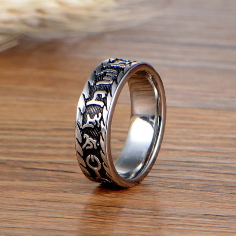 Vintage Men Titanium Steel Ring Engraved Six-Character Mantra Sanskrit Buddhist Gothic Punk Band Ring Ethnic Jewelry