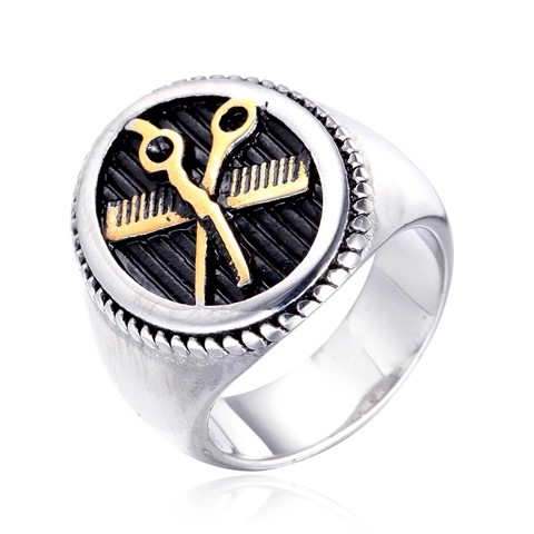 Men Stainless Steel Scissors Comb Barber Ring Vintage Gold Silver Two-Tone Punk Style Professional Hair Stylist Band Ring Jewelry