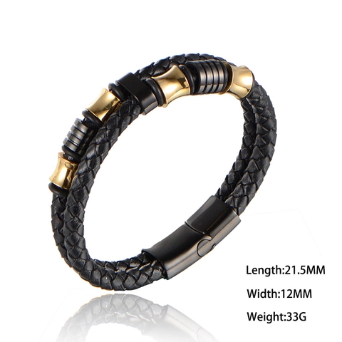 Pulsera de Cuero Artificial Tejido para Hombre Cuentas de Acero Inoxidable Doble Capa Trenzada Cierre Magnético Joyería