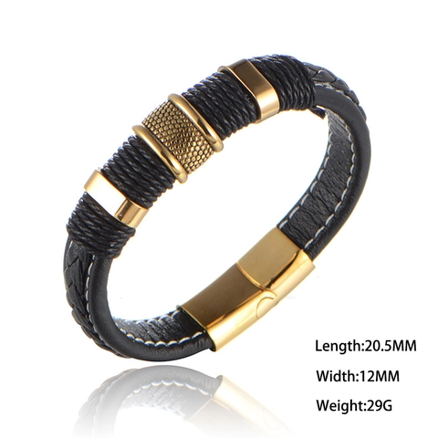Bracciale Unisex in Pelle Intrecciata Nera Acciaio Inossidabile Chiusura Magnetica Oro Accento Metallo Geometrico Gioielli