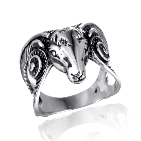 Vintage Men Stainless Steel Ram Head Ring Punk Gothic Distressed Oxidized Animal Biker Band Ring Fashion Jewelry Gift